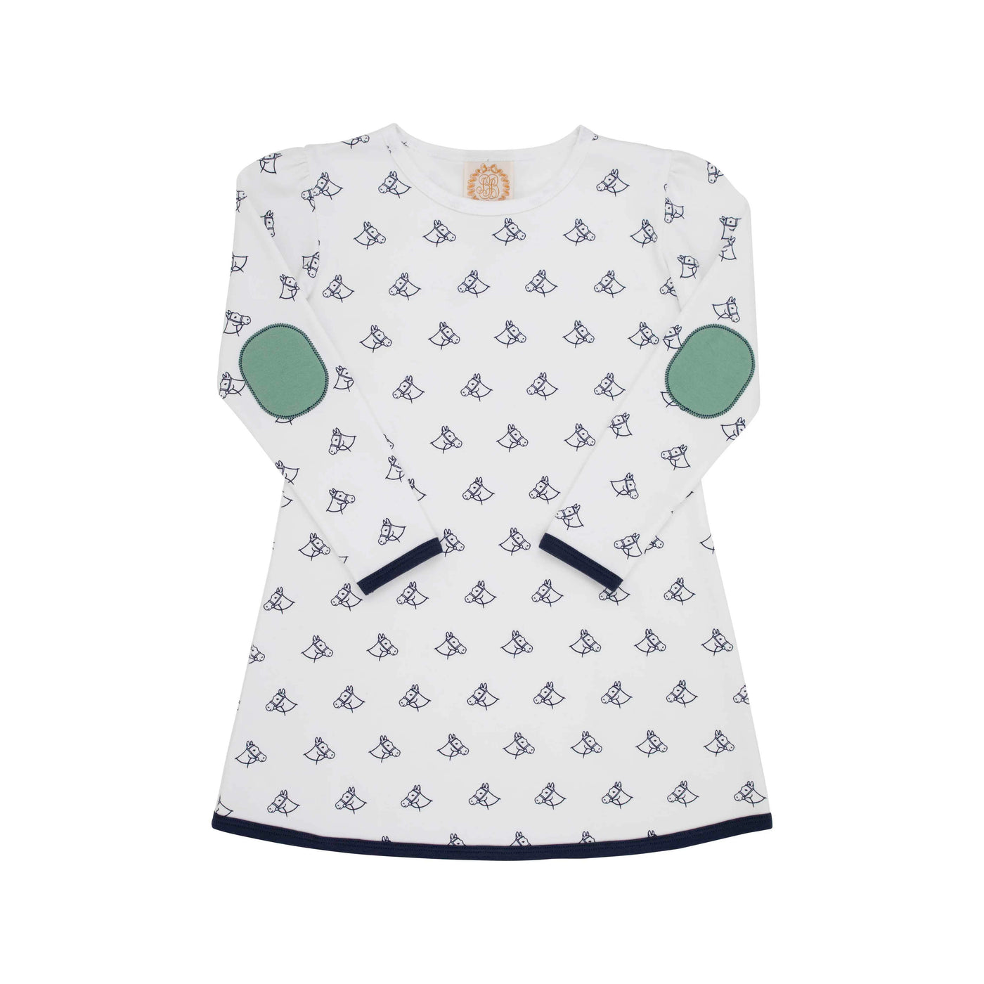 Eleanors Elbow Patch Dress - Pony Portrait With Gallatin Green Elbow Patches & Nantucket Navy Trim