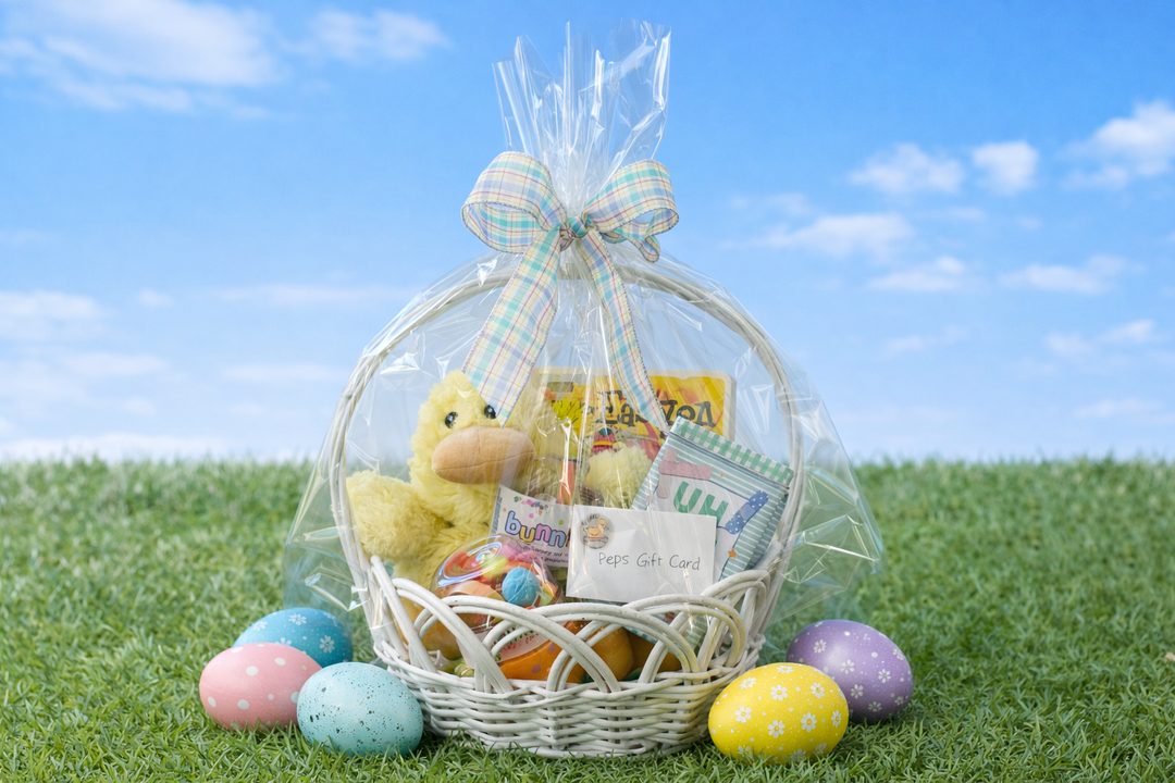 easter basket filled with a wow piece, a plush item, arts and crafts, sensory items and candy