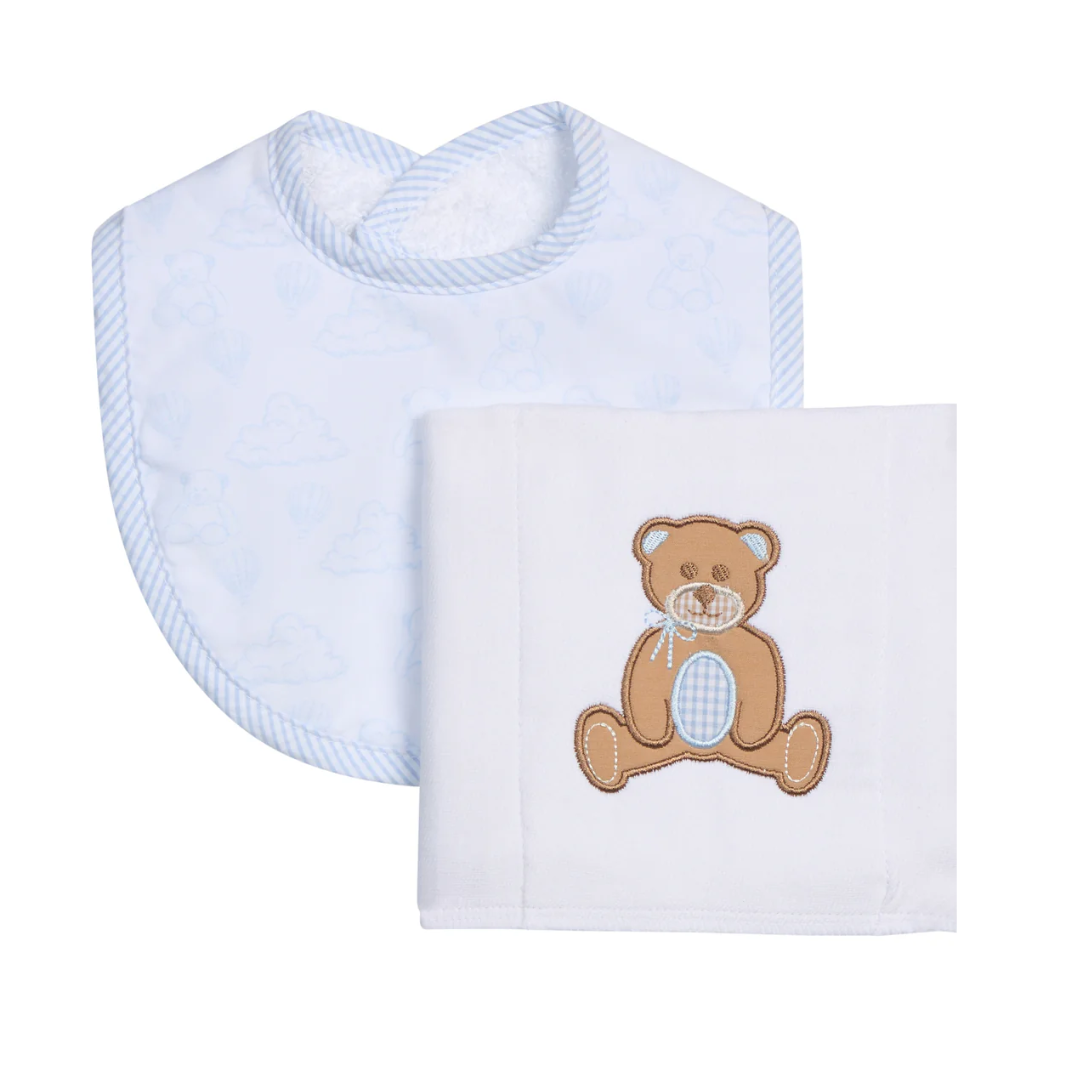 3 Marthas Applique Burp - Teddy Bear Blue
