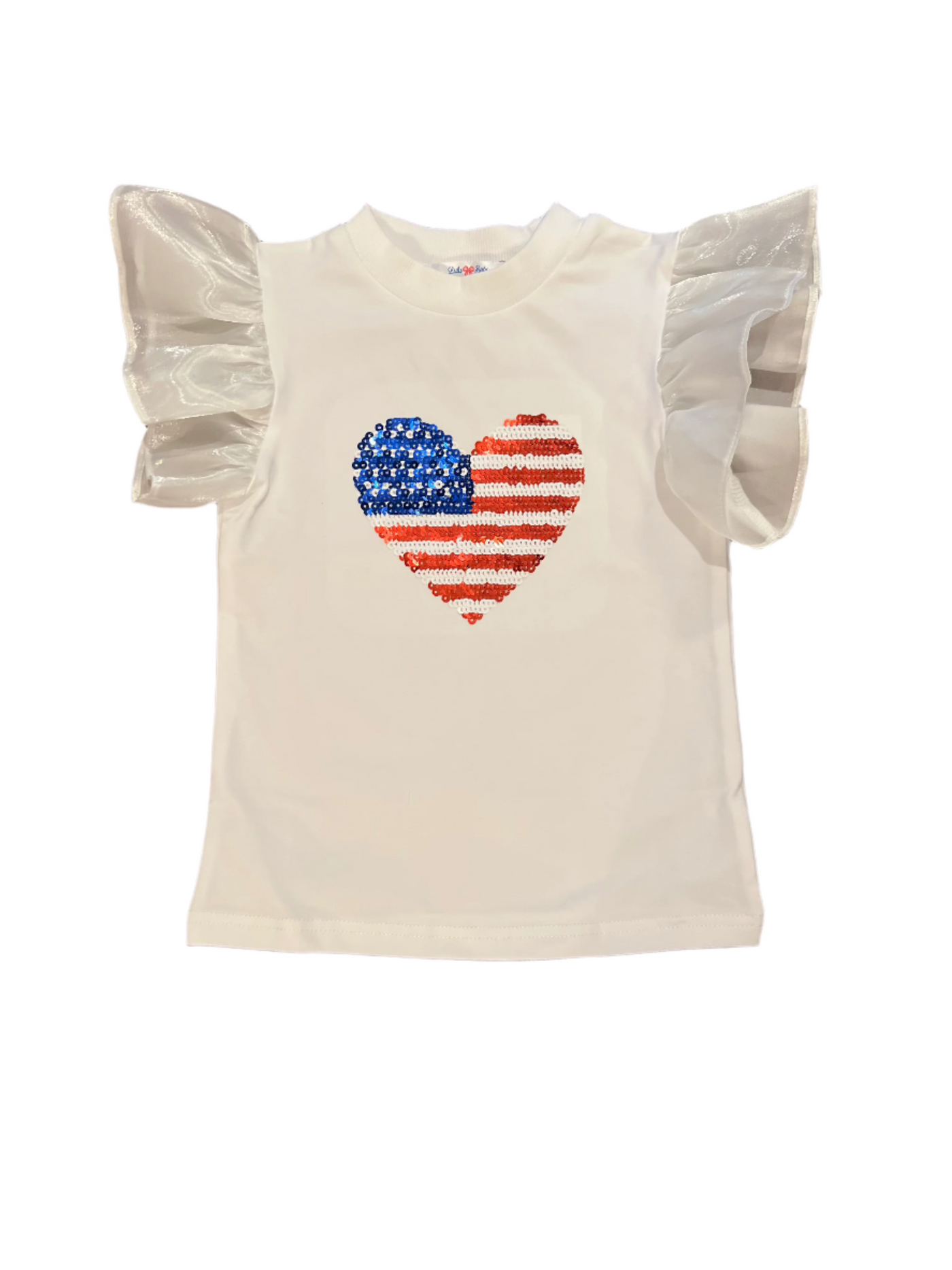 Lulu Flutter Sleeve Shirt - White with Heart Flag