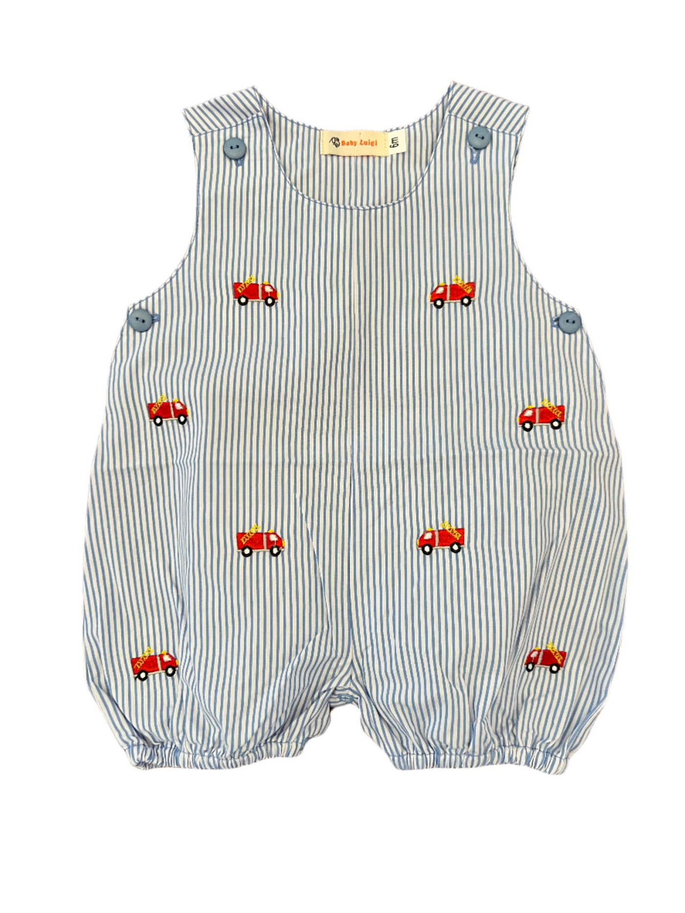 Romper - Blue Stripe Firetruck Embroidery