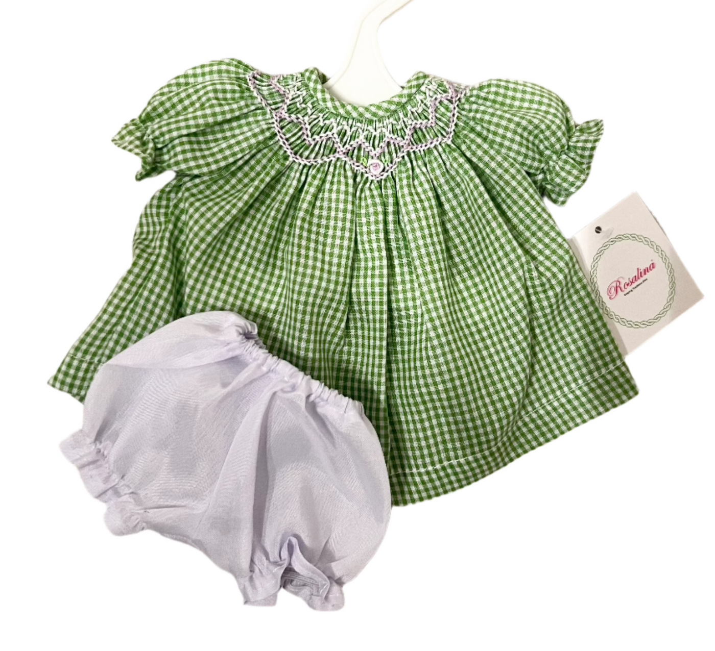 10" Doll Dress and Bloomers - Green Gingham Smocked