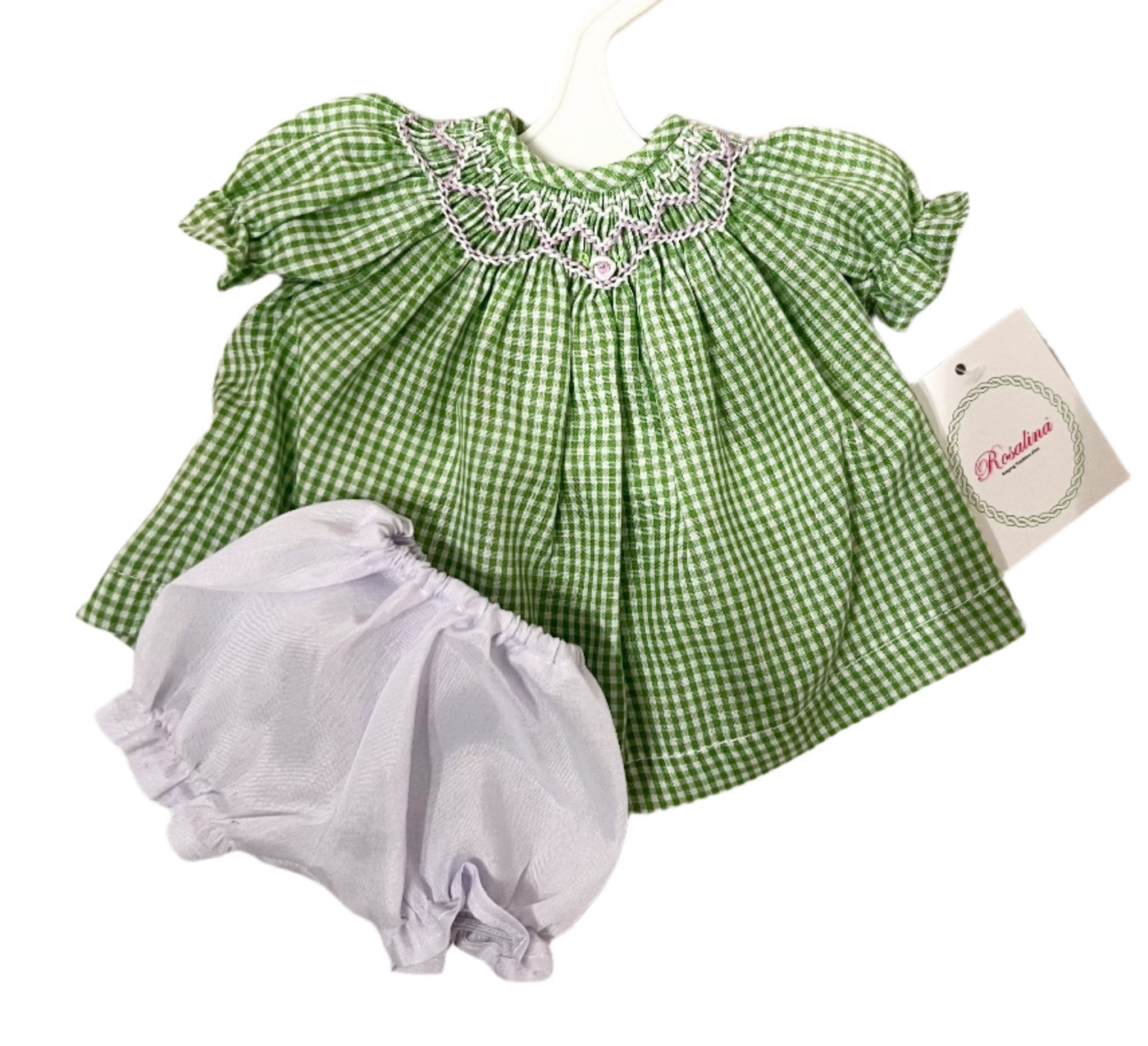 10" Doll Dress and Bloomers - Green Gingham Smocked Miss Lillie Children's Boutique 10" Doll Dress and Bloomers - Green Gingham Smocked Miss Lillie Children's Boutique