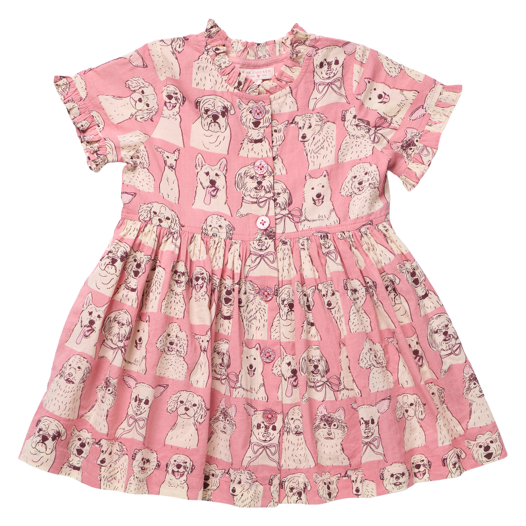 pink chicken Autumn Dress - Pink Sketched Dogs