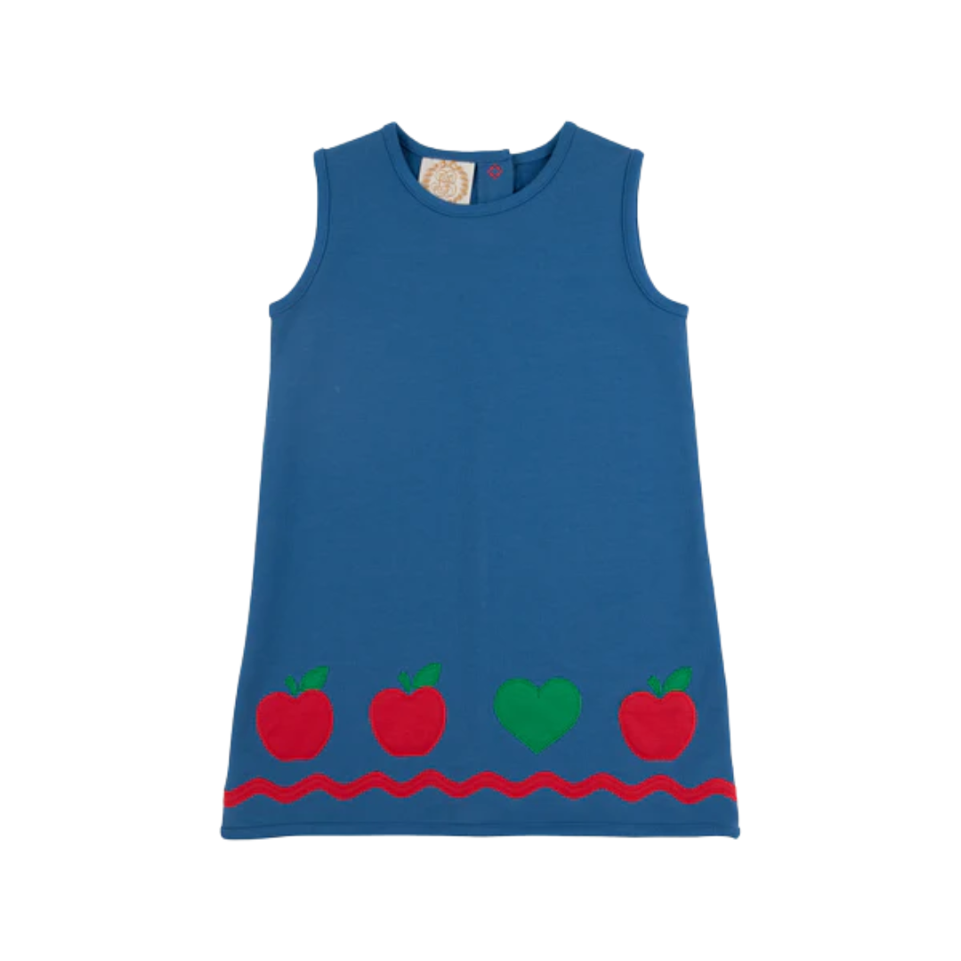 Annie Apron Dress - Wood Boat Blue with Richmond Red & Apples and Heart Appliques