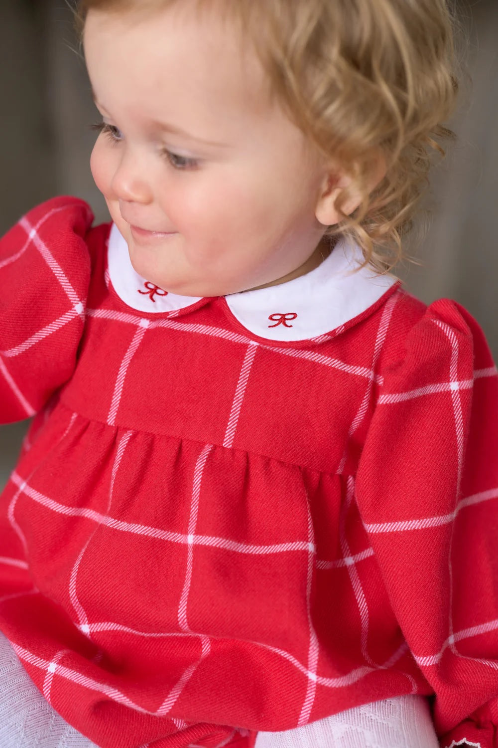 Long Sleeve Britt Bubble - Woodland Avenue Windowpane with Worth Avenue White & Richmond Red Bows