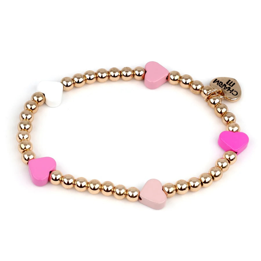 Bracelet - Gold Bead Pink Heart Stretch