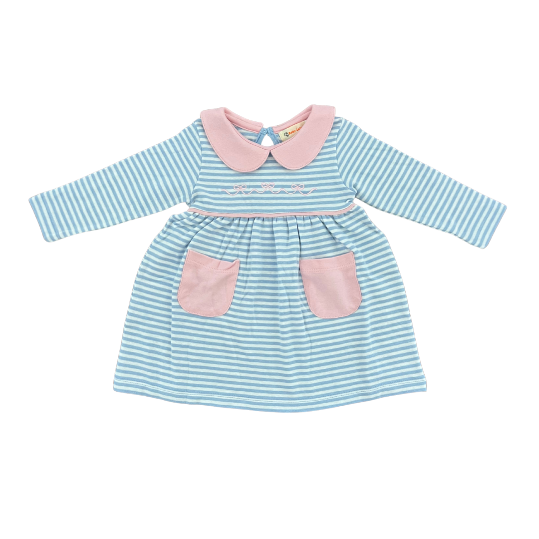 Dress - Blue & White Stripe - Pink Bows
