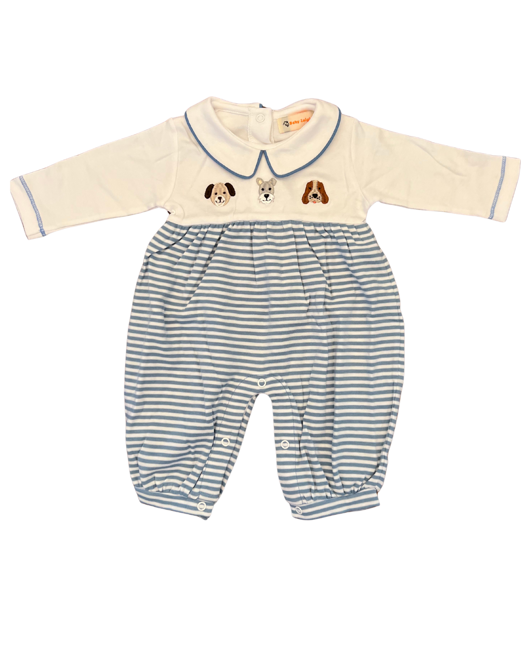 luigi Romper - Light Blue Stripe with Dogs