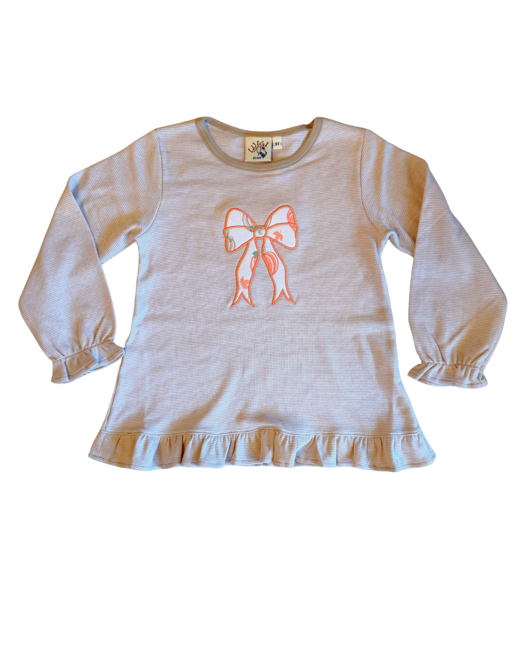 luigi Swing Top with Ruffles - Sand Stripe with Pumpkin Bow Applique