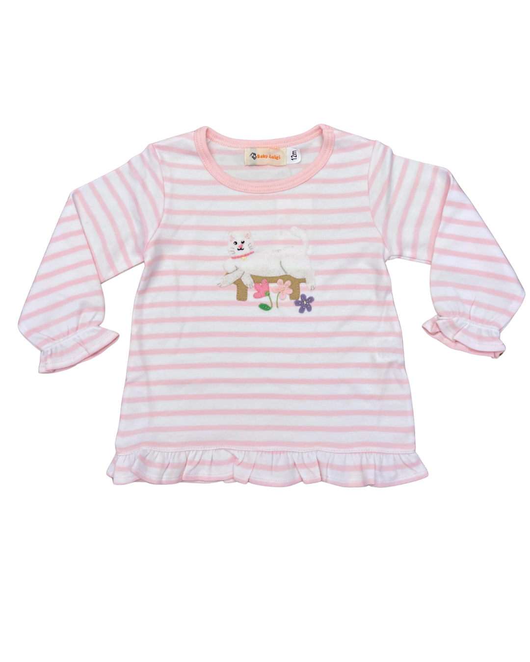 luigi Swing Top with Ruffles - Light Pink Stripe with Cat