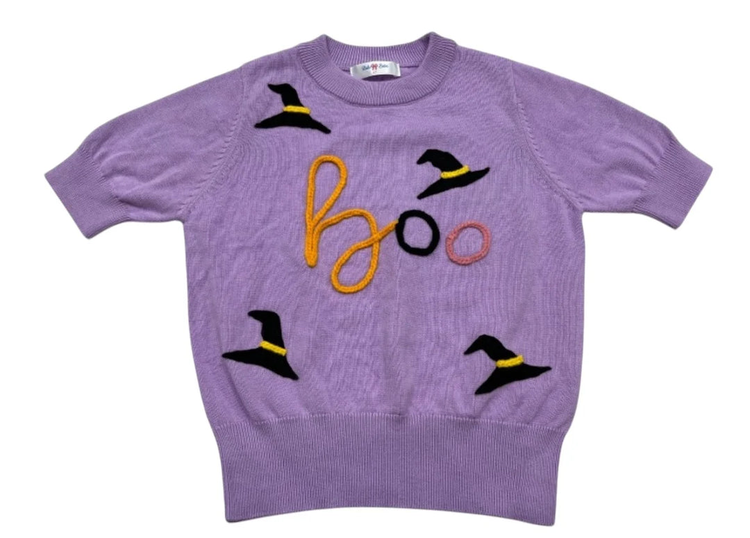lulu bebe Iris BOO Sweater - Lavender yarn chain stitch BOO