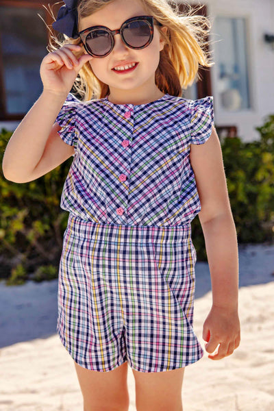 Marion Rose Romper - Pier Pointe Plaid with Hamptons Hot Pink Flower Buttons