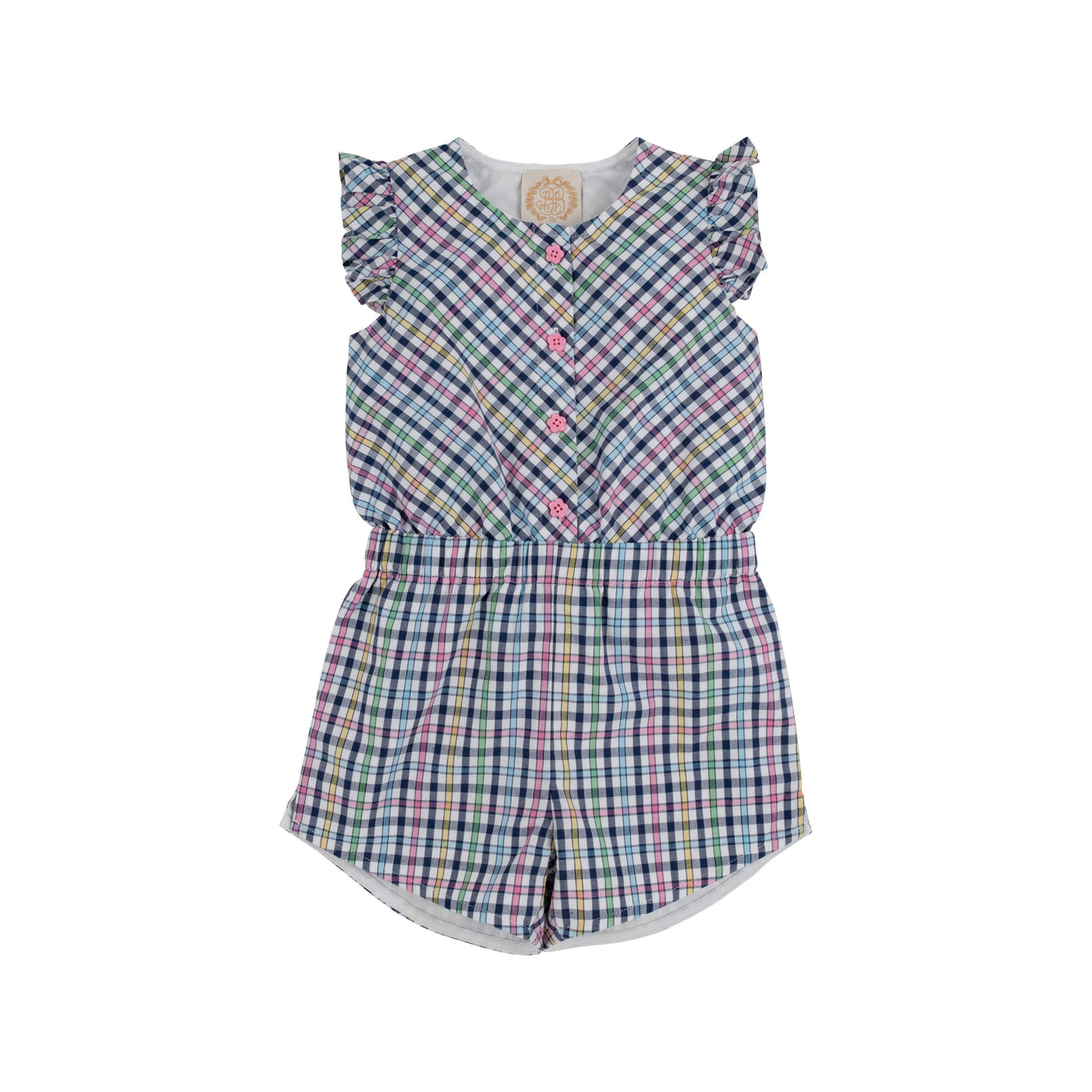 Marion Rose Romper - Pier Pointe Plaid with Hamptons Hot Pink Flower Buttons