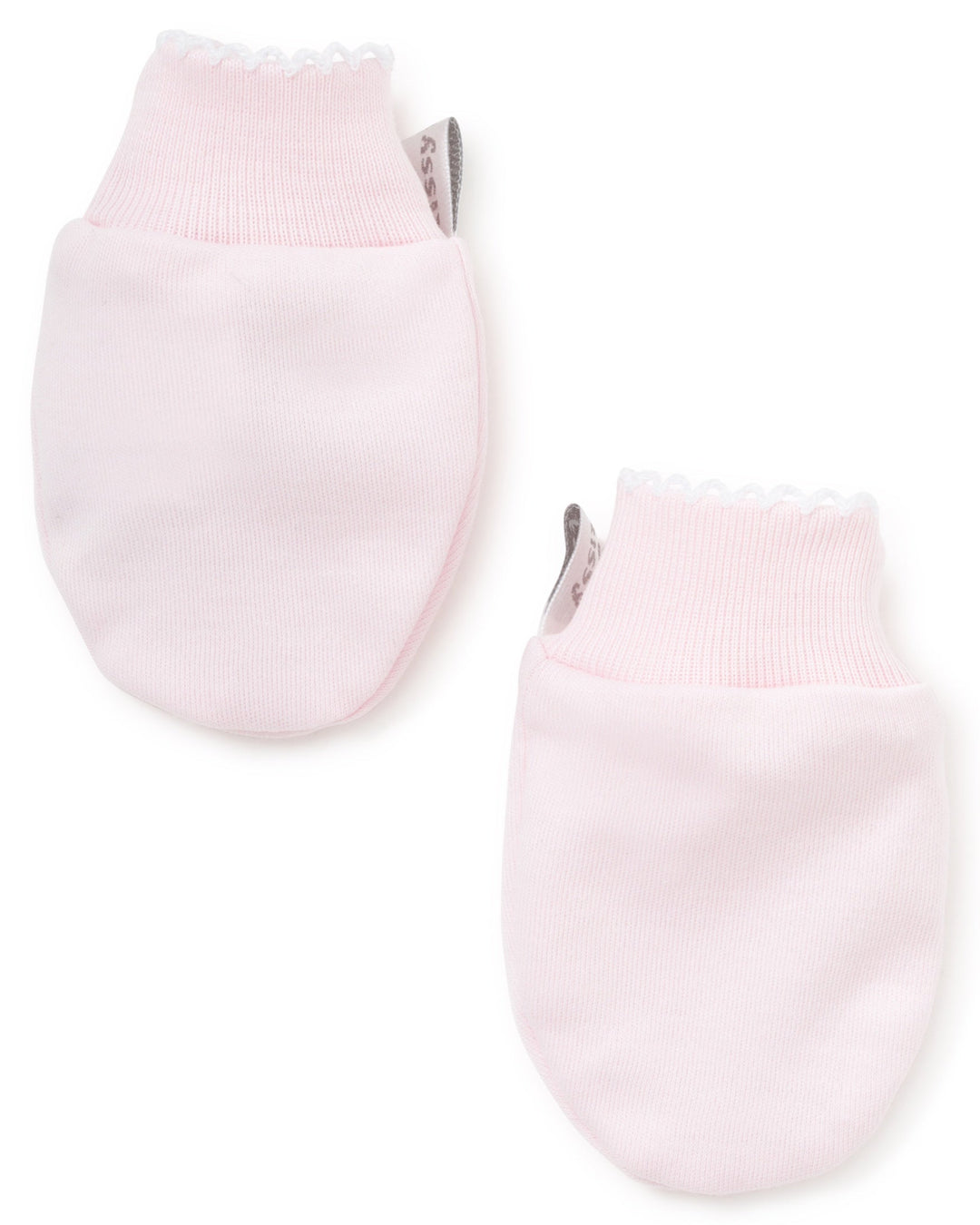 A pair of pink baby mittens against a white background