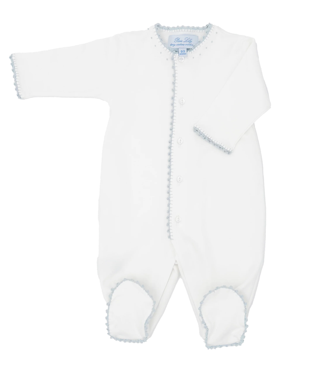 pixie lily white Jersey Footie - with Elegant Blue Crochet Tatting Edge