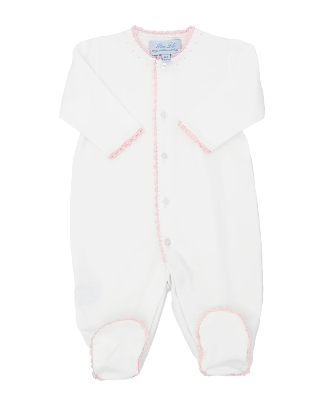 pixie lily white Jersey Footie - with Elegant Pink Crochet Tatting Edge