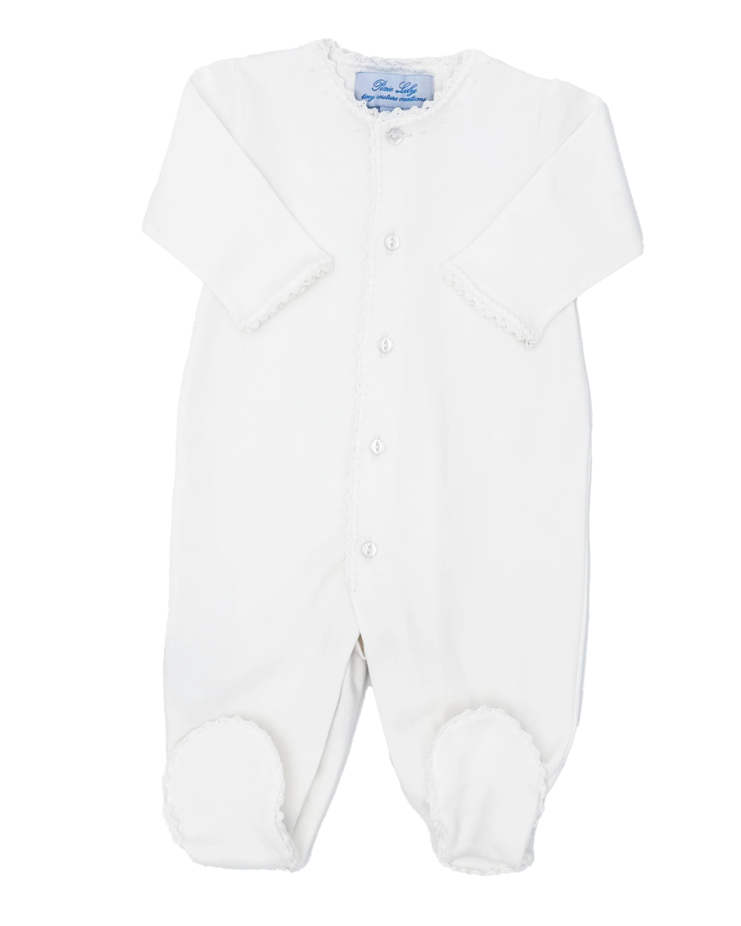 pixie lily white Jersey Footie - with Elegant White Crochet Tatting Edge