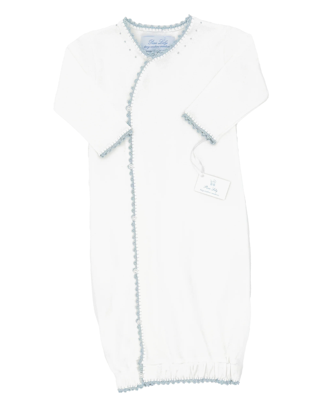 pixie lily white Jersey Wrap Sack - with Elegant blue Crochet Tatting Edge