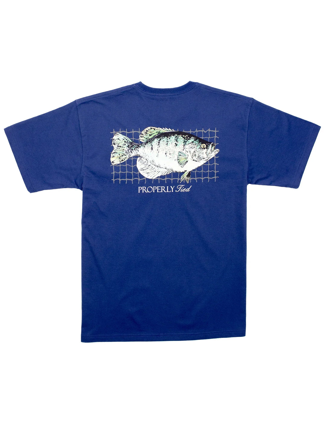 properly tied Blue t-shirt with a fish graphic crappie
