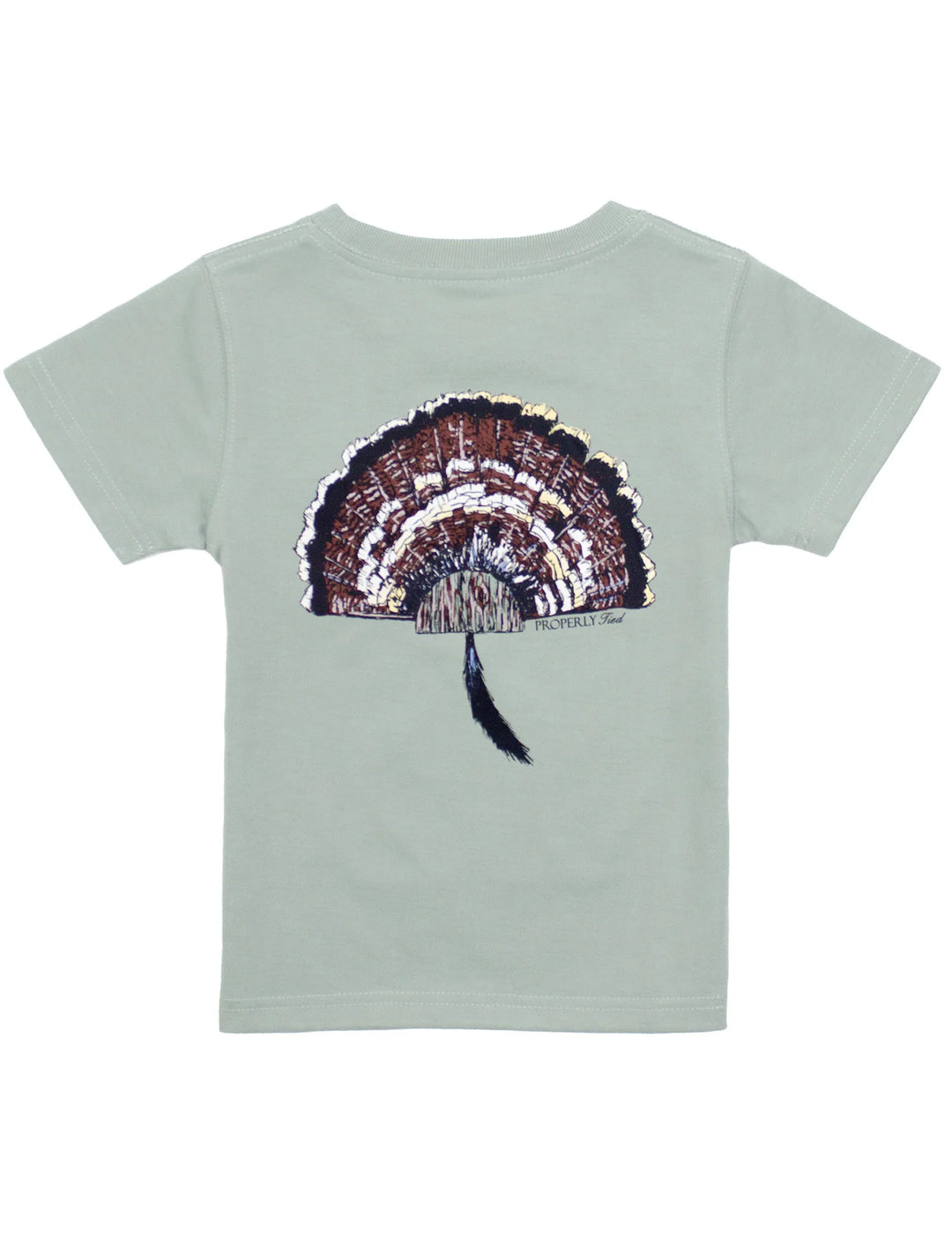 A light sage green short-sleeve t-shirt featuring a large, detailed graphic of a turkey feather fan on the front, with a small &