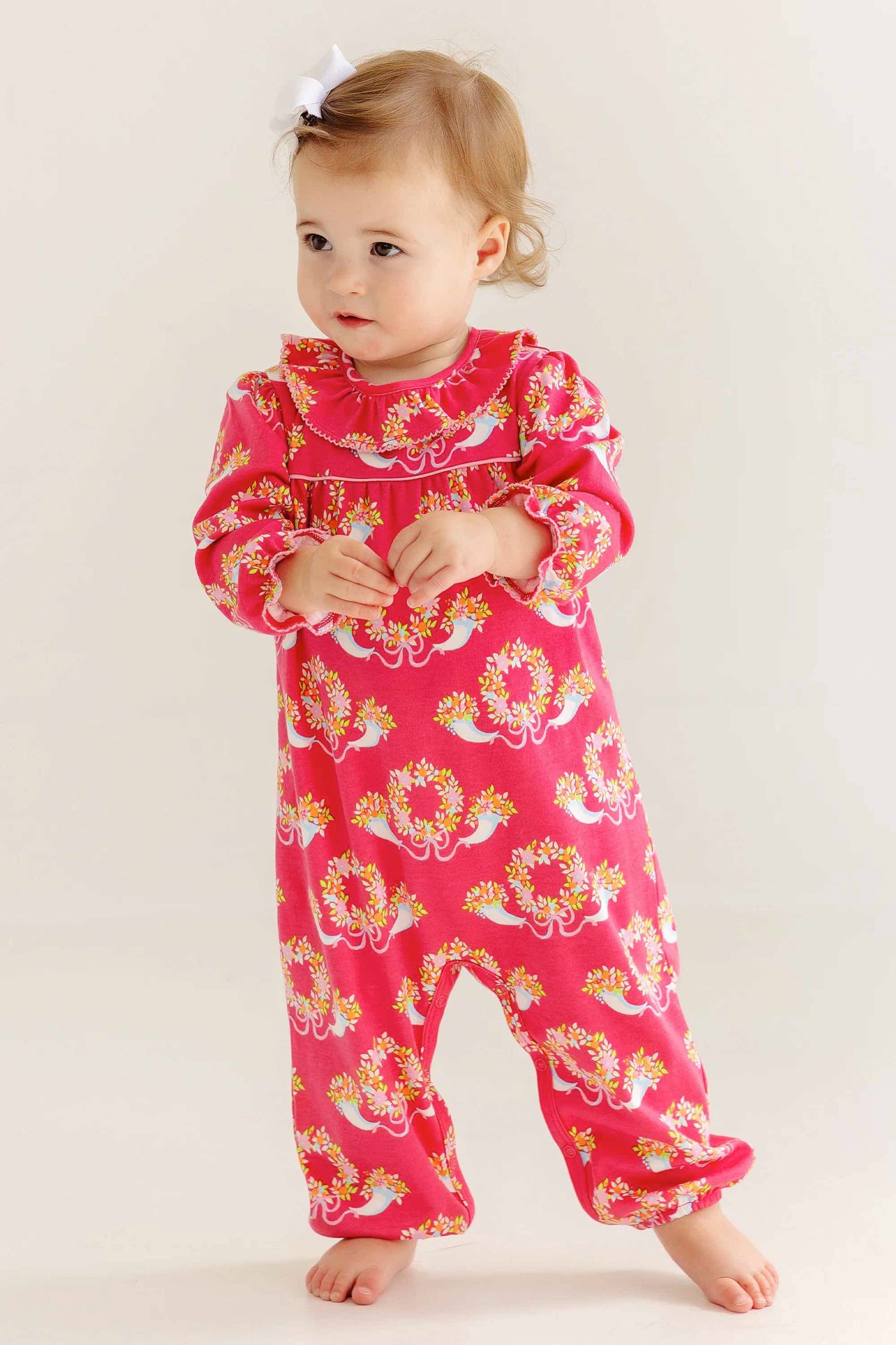 Long Sleeve Ramona Ruffle Romper - Bows & Berries with Hamptons Hot Pink