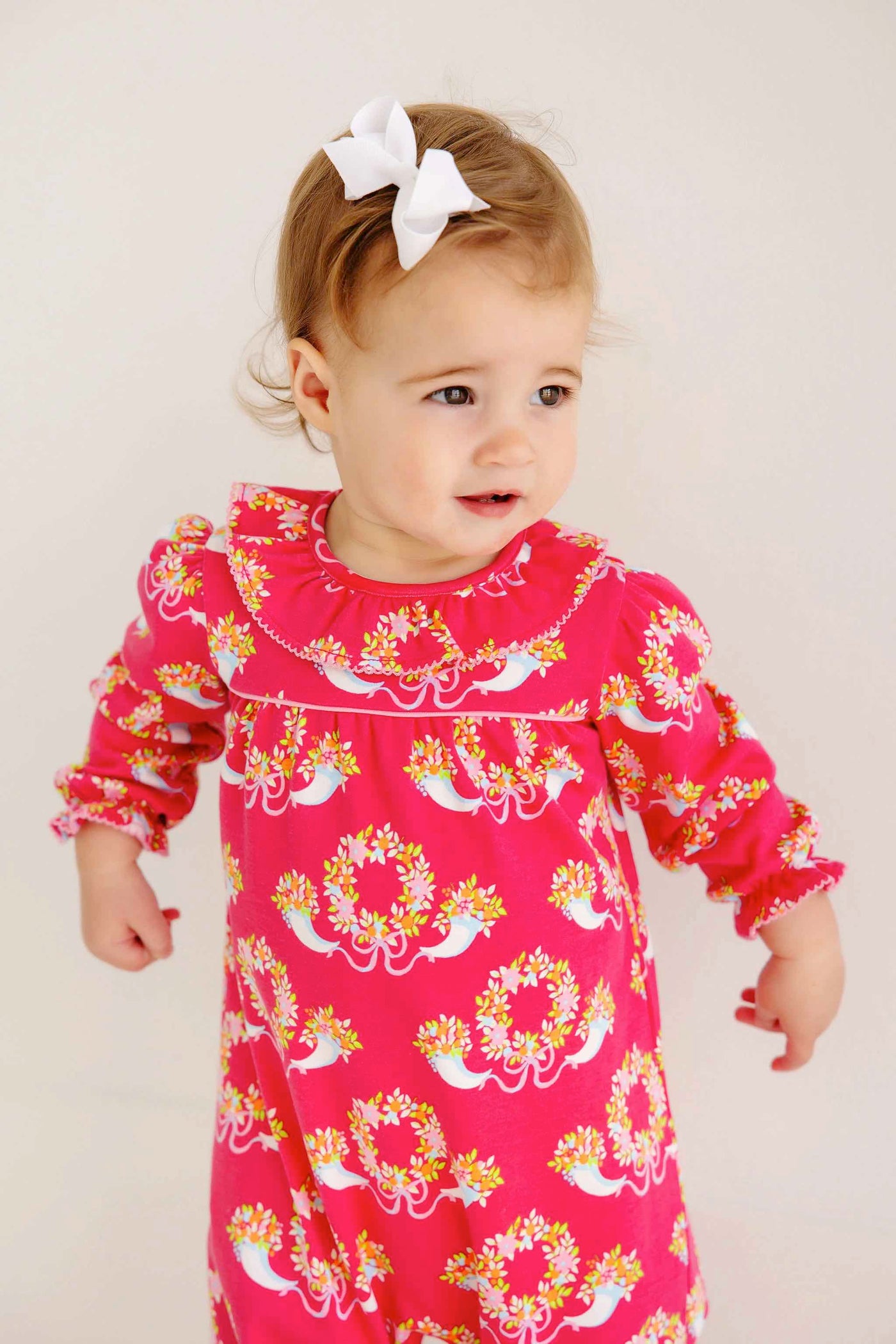 Long Sleeve Ramona Ruffle Romper - Bows & Berries with Hamptons Hot Pink