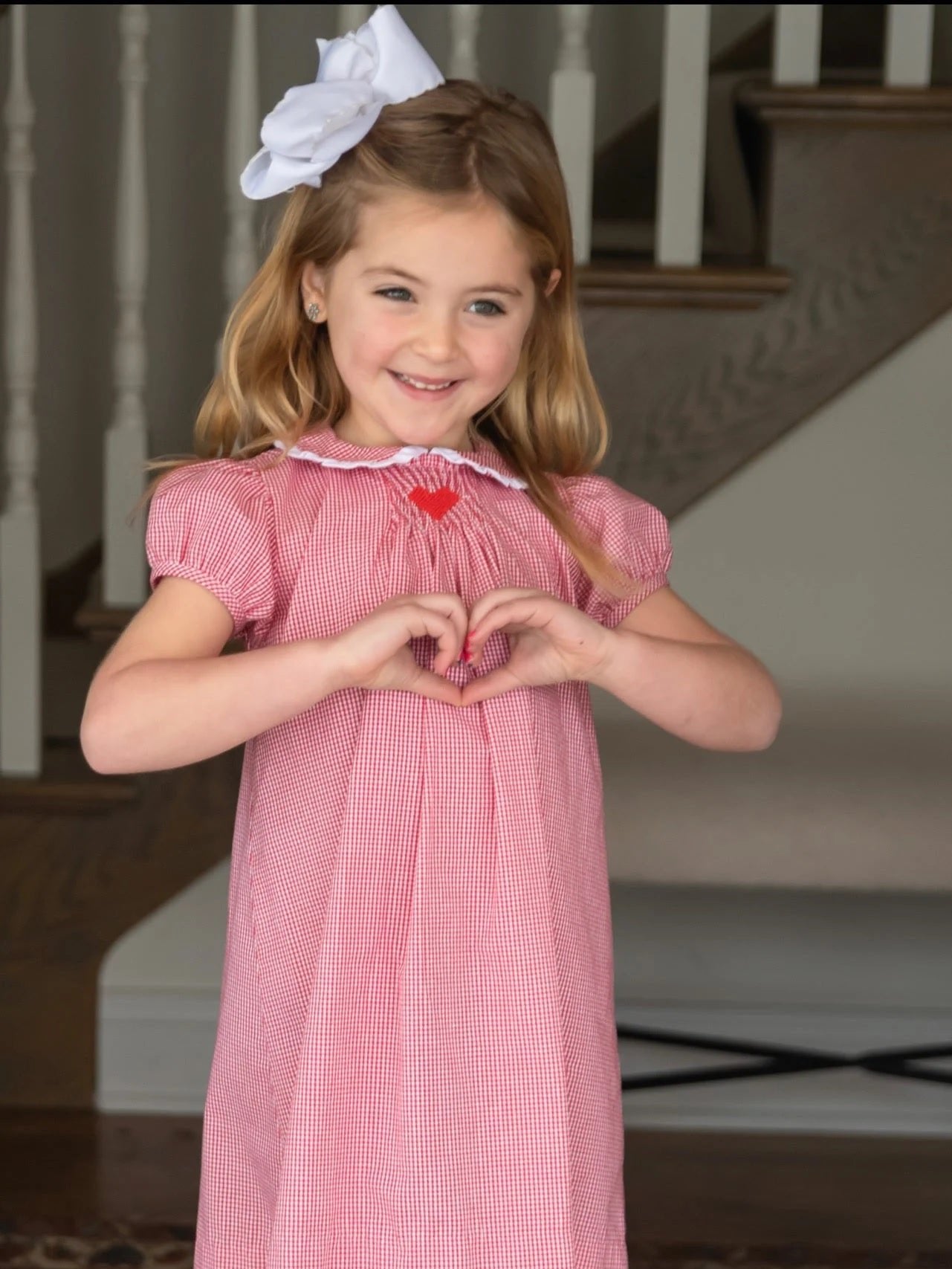 Sage Smocked Dress - Red Gingham Heart