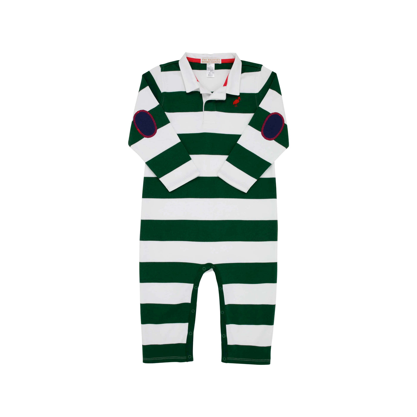Sir Propers Rugby Romper - Grier Green Stripe With Nantucket Navy Elbow Patches & Richmond Red Piping