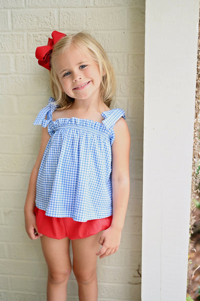 Pima Knit Tie Top and Bloomer SET - Blue Gingham/Red
