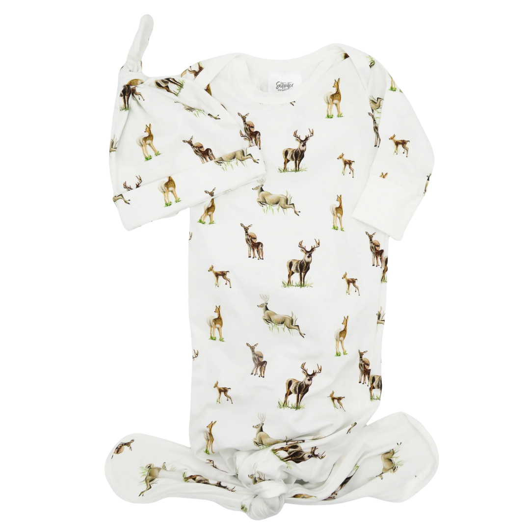 saltwater swaddles Newborn Gown + Hat - Fawn, Big Yawn Deer