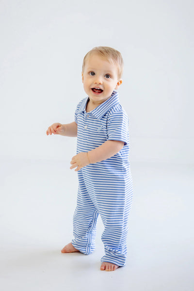 Sir Proper's Romper - Barbados Blue Stripe with Buckhead Blue Stork