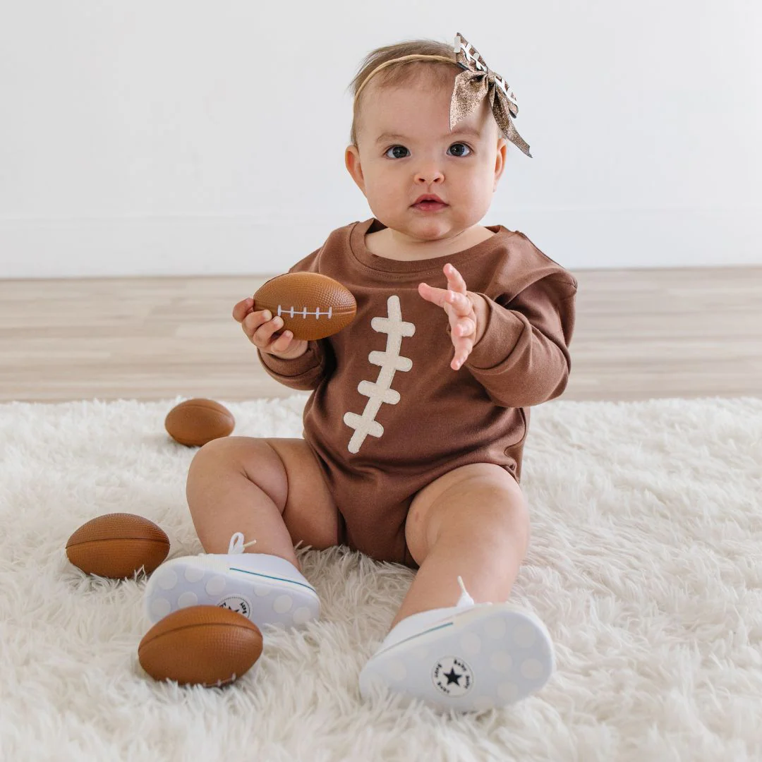 Football Lace Patch Long Sleeve Romper - Mocha