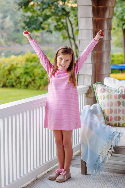 Tatum's Turtleneck Dress - Romany Rose Stripe with Metallic Gold Stork