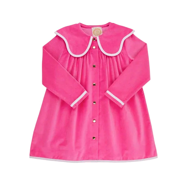 A bright pink long-sleeve dress with a white-trimmed Peter Pan collar and button-front closure, shown flat against a white background. tbbc