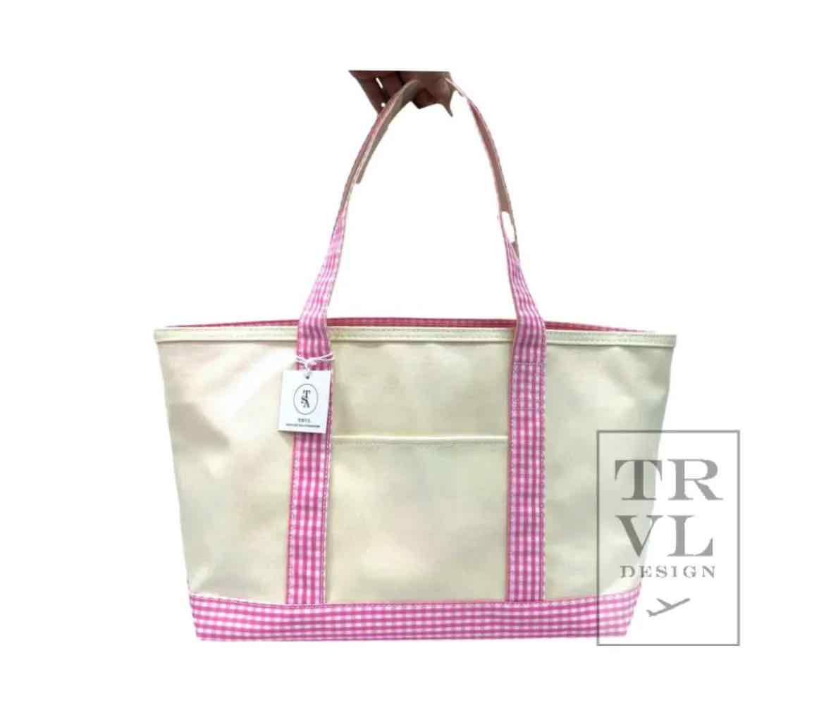 TRVL Medium Tote - Coated Canvas - Gingham Pink