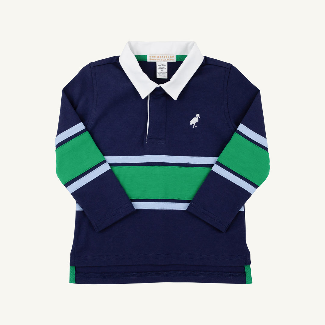 tbbc Rollins Rugby Shirt -Nantucket Navy with Beale Street Blue &amp; Kiawah Kelly Green Stripe