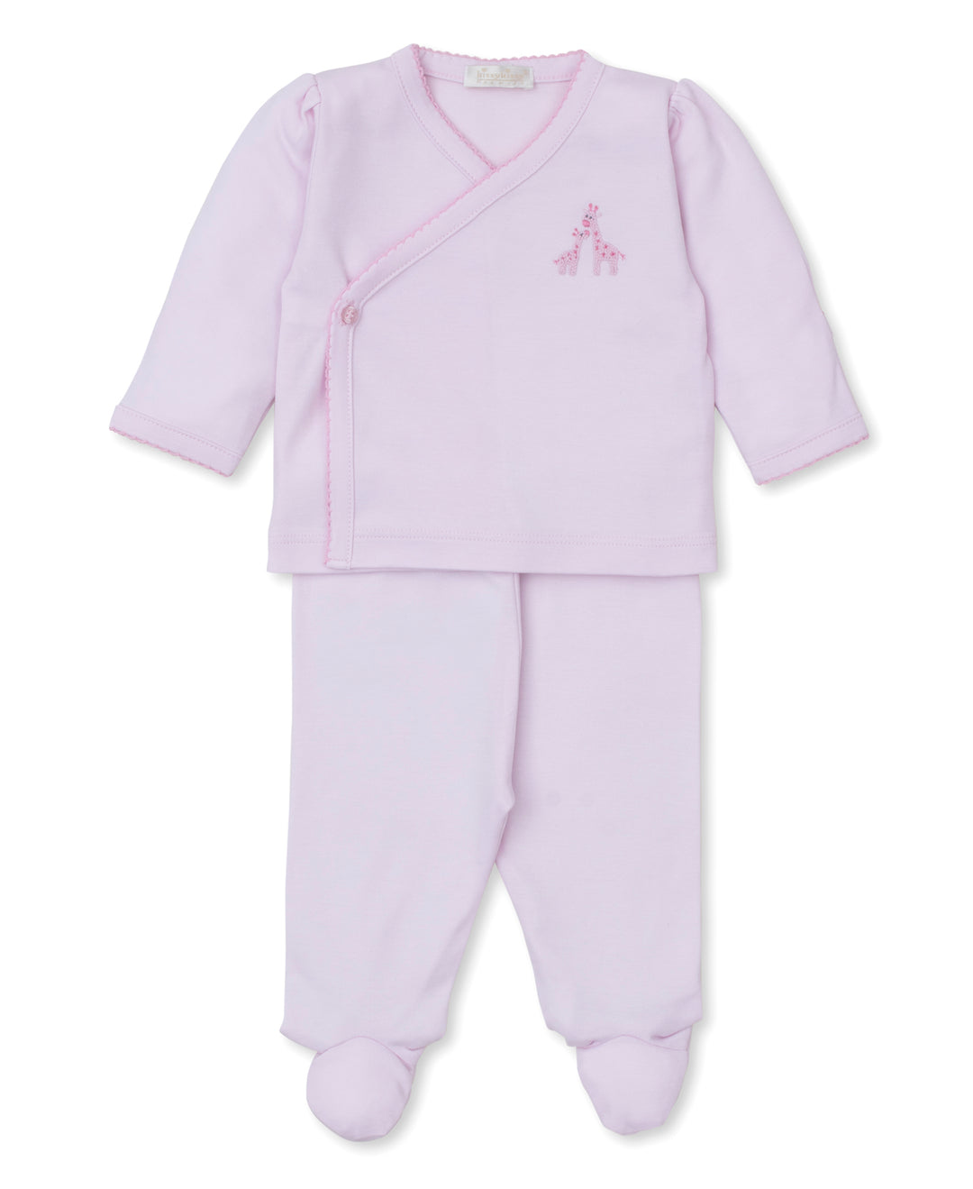 A pink footed pant set with giraffe embroidery, including a long-sleeved top and matching pants with feet coverings.
